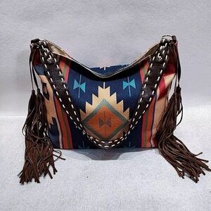 Blue and Brown Geometric Hobo Bag with Fringe